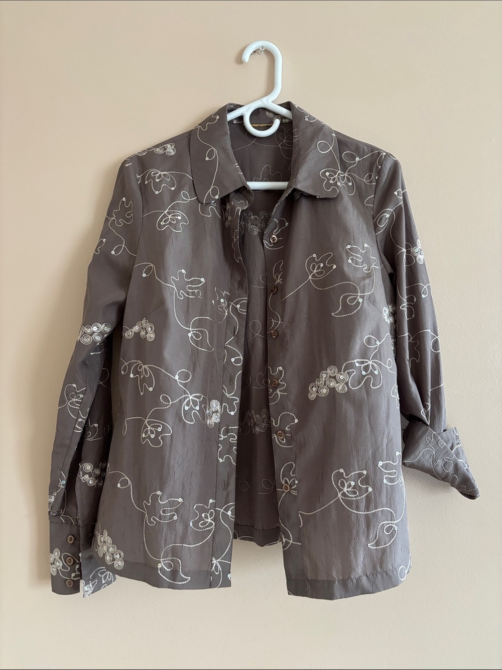 Womens Gray Embroidered Button-Up Shirt